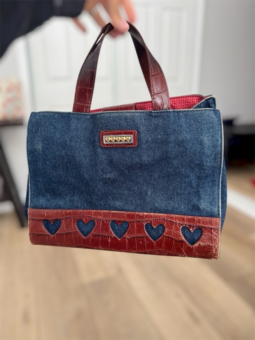 Brighton Denim Tote with Brown Croc Trim and Red Interior Vintage.